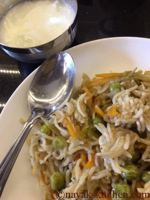 Coriander stalks pulao served with curd