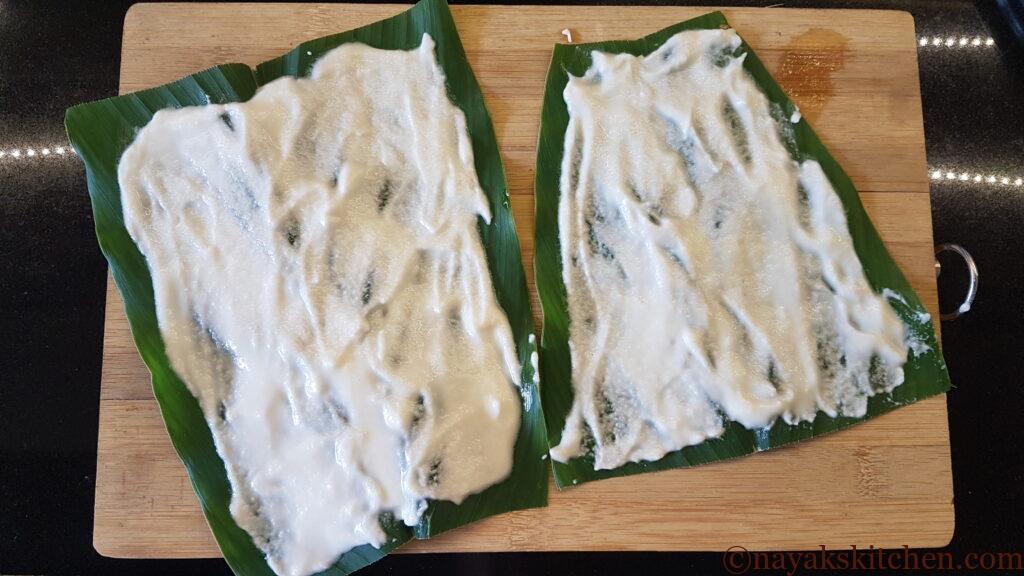 Applying batter to turmeric leaves