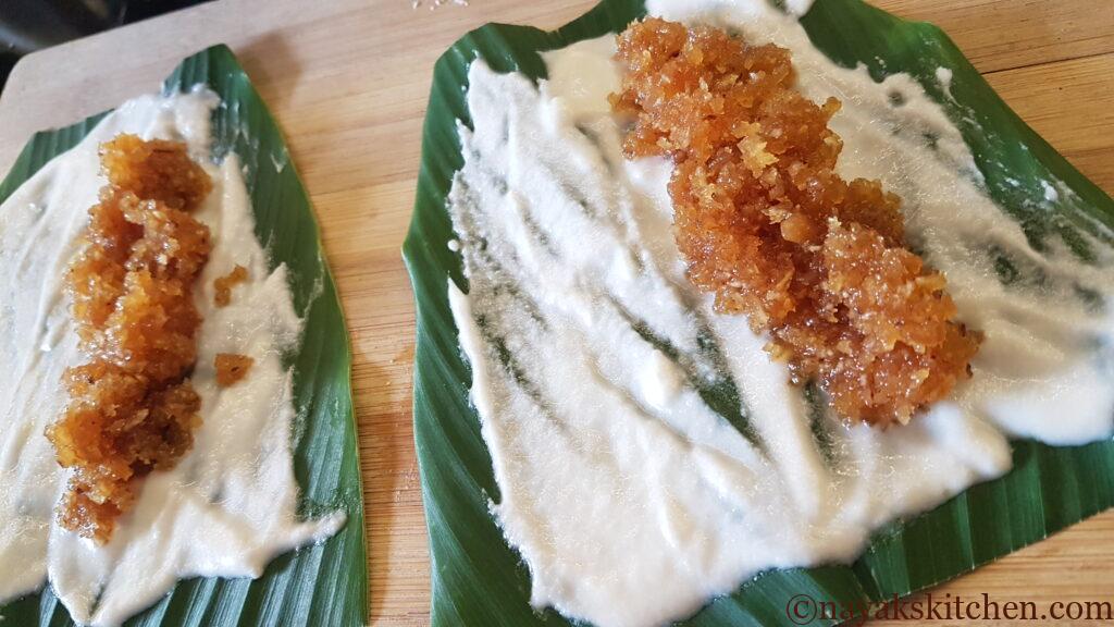 Placing the stuffing on leaves for patoli recipe