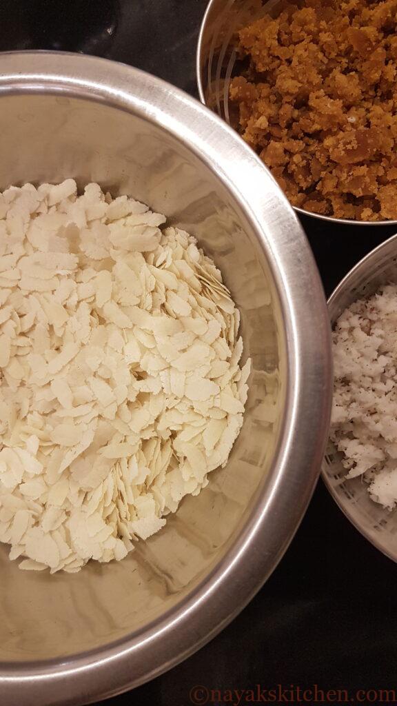 Poha, coconut and jaggery for god fov