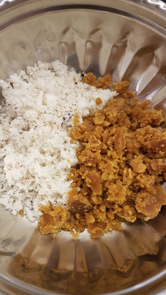 Freshly grated coconut and jaggery