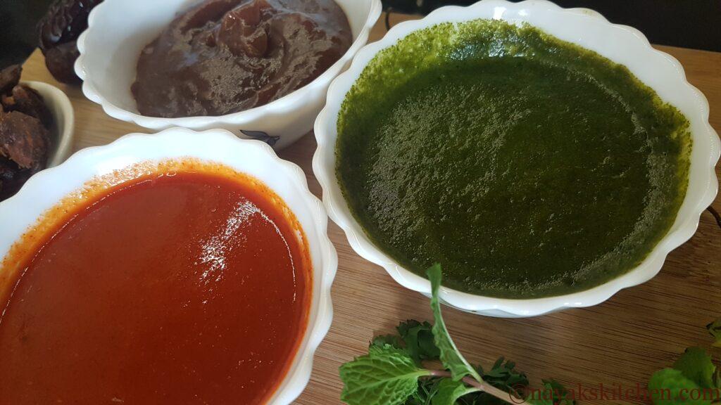 Chaat chutneys (Tamarind chutney, Red chutney, Green chutney)