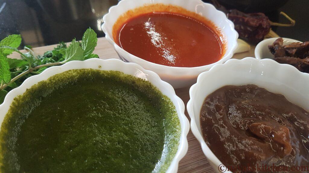 Chaat chutneys (Tamarind chutney, Red chutney and Green Chutney)