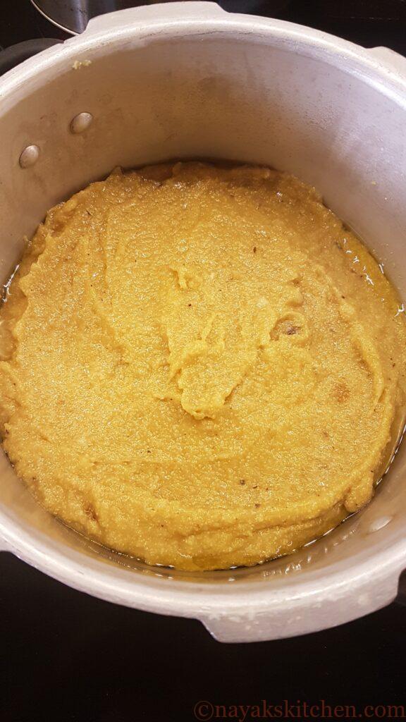 Pouring mixture in pressure cooker