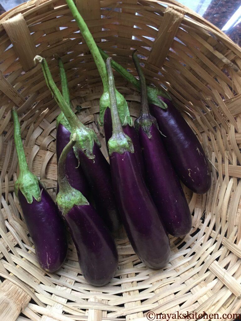 Fresh brinjals in a basket