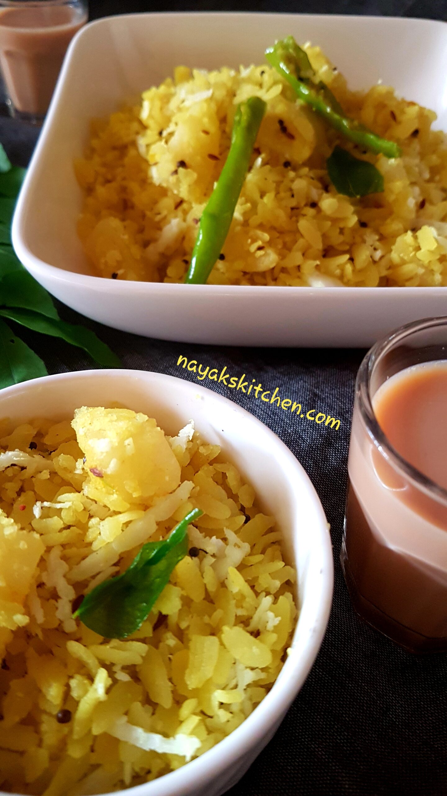 Potato poha served with hot tea
