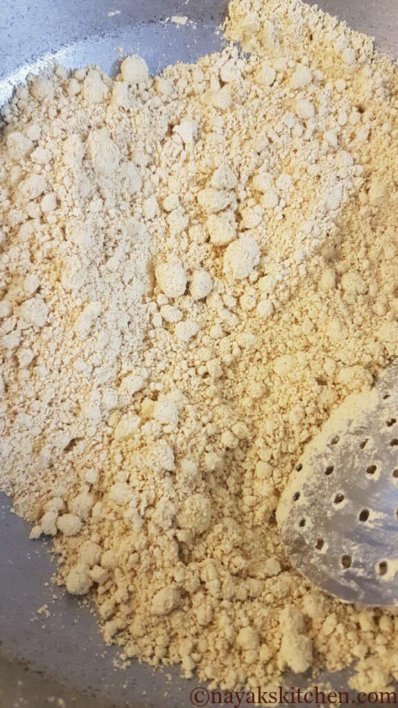 Roasting flour till an aroma is released