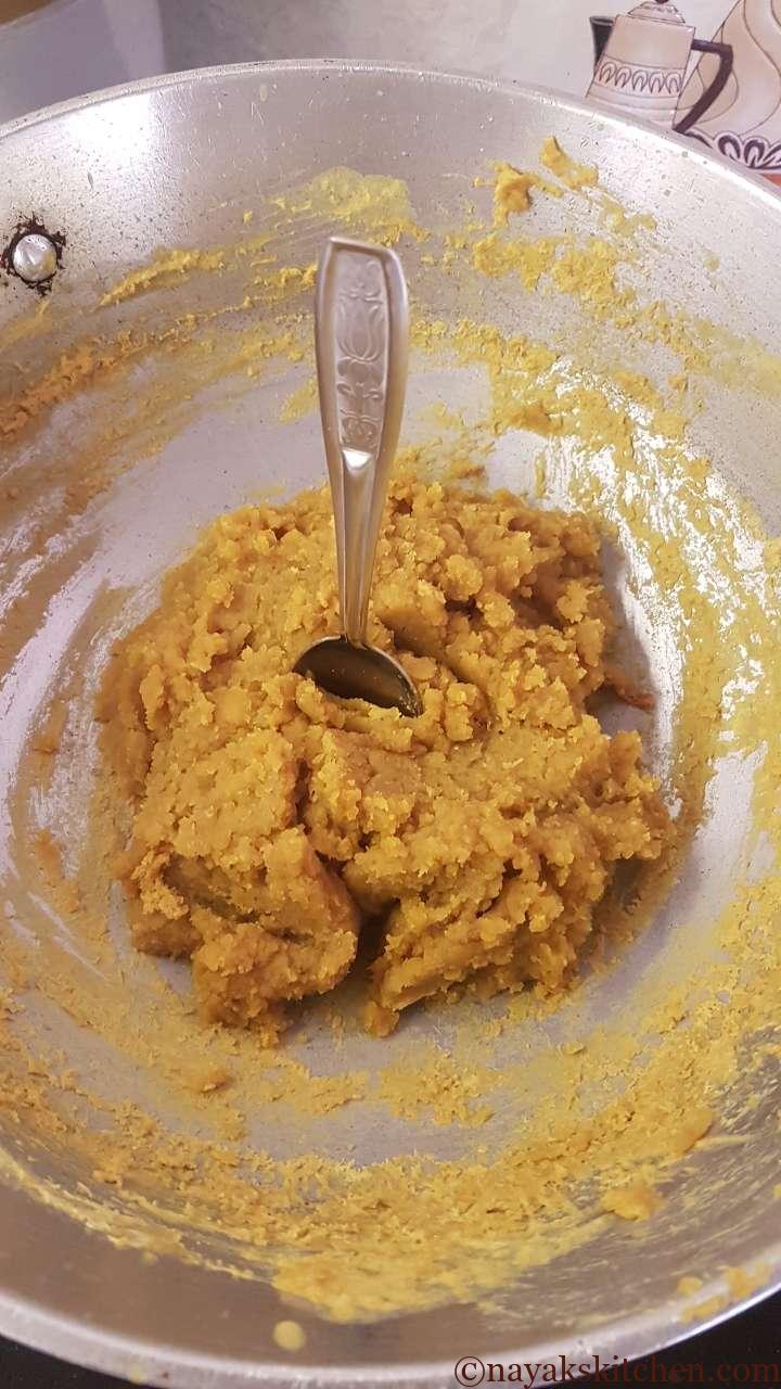 Spoon standing erect in puran - Puran ready for puran poli recipe