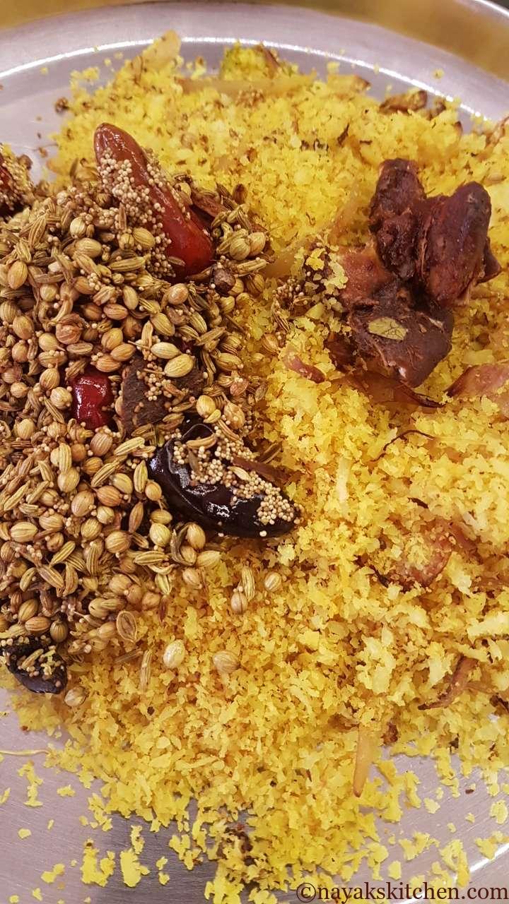 Roasted coconut and spices for Kaju Tonak