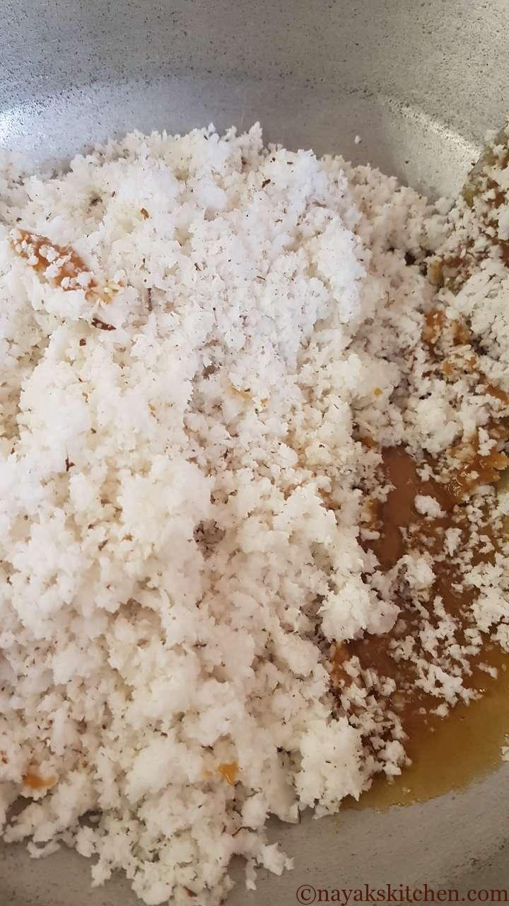 Adding coconut to liquid jaggery