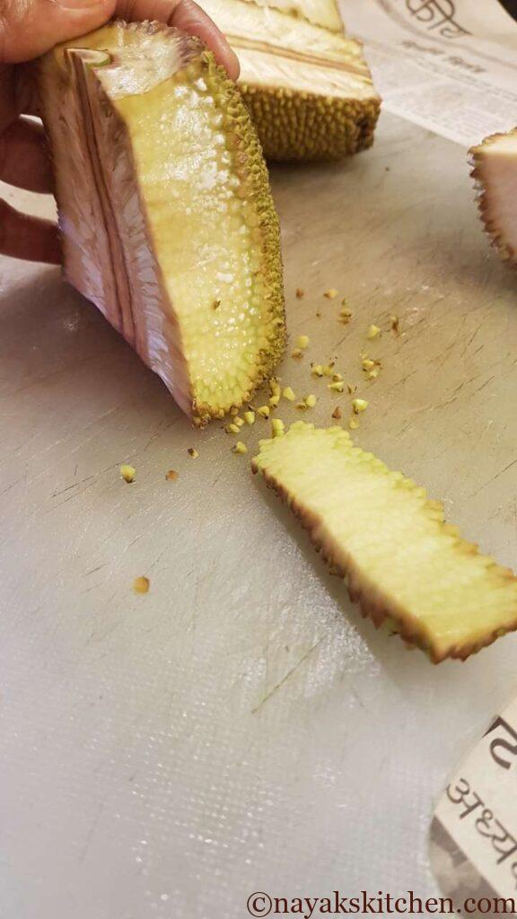 Sliced outer rind of raw jackfruit