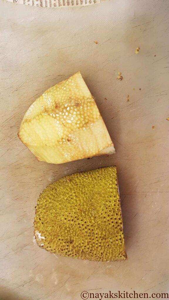 Sliced outer rind of raw jackfruit