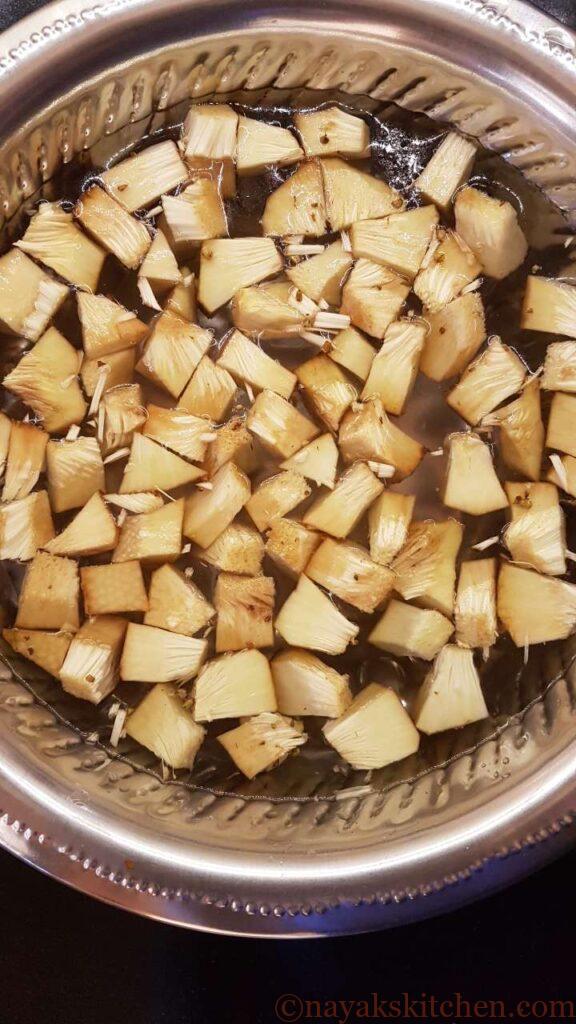 Chopped jackfruit in water with salt